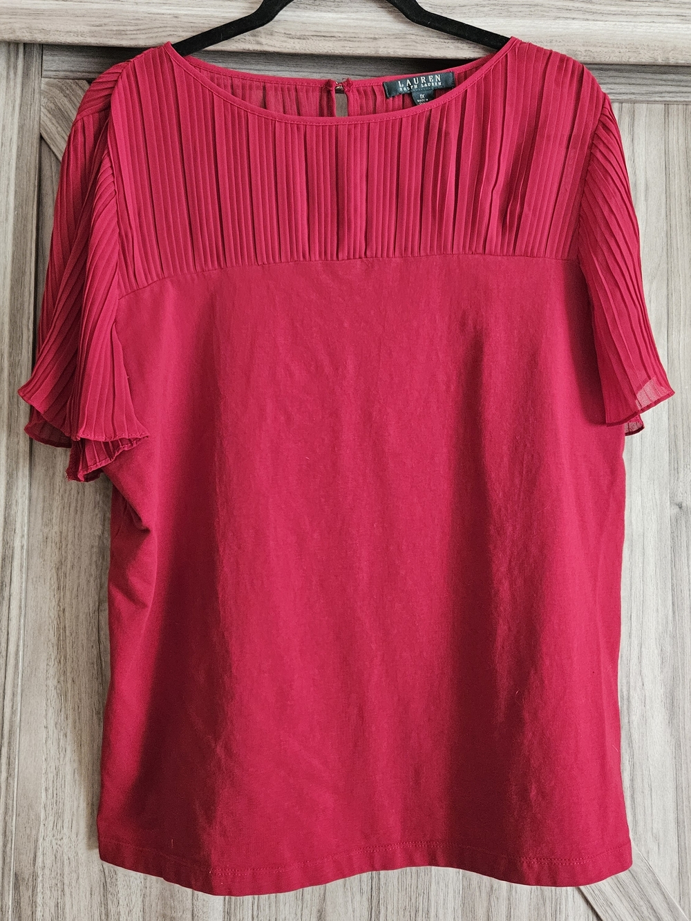 Ralph Lauren 1X Red Pleated Yoke Flutter Sleeve Top